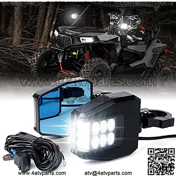 Aluminium UTV Side Rear View Mirrors Fit All 1.6-2 Inch Roll Bar Cage, Blue Anti-Glare Mirrors and Smoke Lens LED Spot Light for UTV ATV Can am Maverick X3 Polaris RZR XP 1000 Yamaha