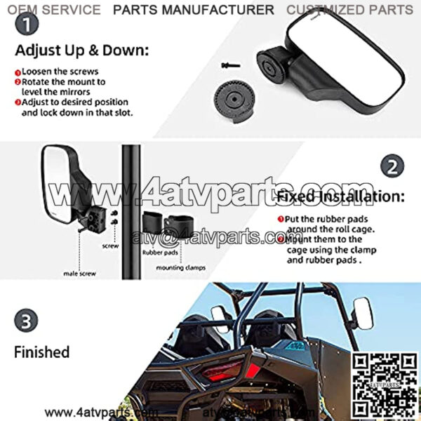 UTV Side Mirrors And Rear Center Mirror with 1.75" to 2" Roll Bar Cage Compatible with Polaris RZR 900, XP 1000/4, Pro XP/4, XP Turbo/4, Commander Maverick X3 Viking Kawasaki Teryx. - Image 4