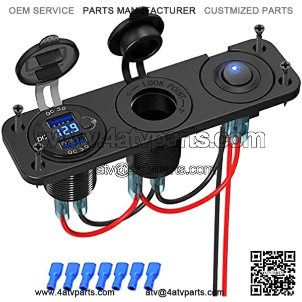 Cigarette Lighter Socket 12V Splitter with Rocker Toggle Switch, Dual Quick Charge 3.0 Aluminum Metal 12 Volt USB Outlet with LED Voltmeter, Waterproof Cigarette Lighter Adapter Female Socket Plug DC