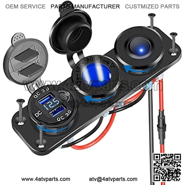 Cigarette Lighter Socket Panel Splitter, 4 in 1 Dual Quick Charge 3.0 Aluminum Metal 12 Volt USB Outlet with LED Digital Voltmeter&Rocker Toggle Switch for Car Boat Marine RV, etc