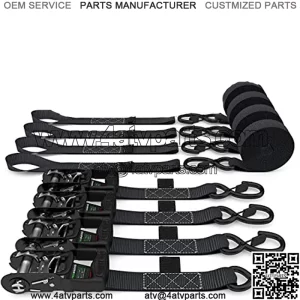 Tie Down Kit, 5,208 Break Strength - Includes (4) Heavy Duty 1.6" x 8' Rachet Tiedowns with Padded Handles & Coated Chromoly S Hooks + (4) Soft Loop Tie-Downs (Black 4-Pack)