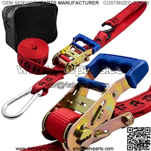 Motorcycle Ratchet Strap 1.5" x 8" Heavy Duty Tiedown - Soft Loop System & Safety Carabiner - Securely Transport Motorbikes, Dirtbikes, ATV, UTV - 2,600lbs Break Strength - 2 Pack Red & Black