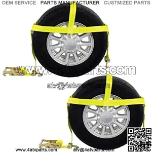 Control Wheel Bonnet with Swivel Hooks and Ratchet - 2-Inch Wide Yellow Wheel Strap to Secure Vehicle for Transport - Strong and Durable Webbing - 2,200 Pound Working Load Limit - 2 Pack