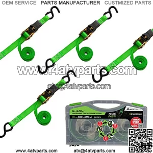 101W QuadWinder 14?? Padded Ratchet Tie Down, Green (4pk) - Patented Self-Loading Storage Case - 1,500lb Break Strength, 500lb Safe Work Load ?C Haul Lighter Loads Like ATV??s, Mowers and More