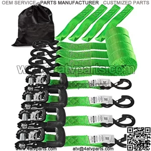 Heavy Duty Tie Down Set, 5208 Break Strength - (4) Heavy Duty 1.6" x 8' Cargo Tiedowns w/Padded Handles & Coated Chromoly S Hooks + (4) Soft Loop Tie Downs Strap (Green)