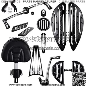 Adjustable Backrest w/Pocket Set Driver Passenger Floorboards Brake Arm Lever Peg Pedal Shift Toe Heel Shifter Fuel Door Dash Ignition Saddlebag Latch Cover Frame Grill Compatible with Harley Touring