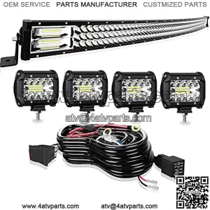 LED Light Bar TURBO SII 52 Inch 711W Curved Triple Row Spot Flood Combo Offroad Driving Light + 4Pcs 4 Inch 60W Led Fog Lights w/3-Leads Wiring Kits for Trucks Jeep Pickup ATV UTV Polaris Boats