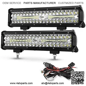 12 Inch LED Light Pods with Wiring Harness Kit, 2Pcs Spot Flood Beam 68000LM Triple Row Light Bar Waterproof Work Lights for ATV UTV Truck Tractor Boat Golf Cart OffRoad Fog Driving