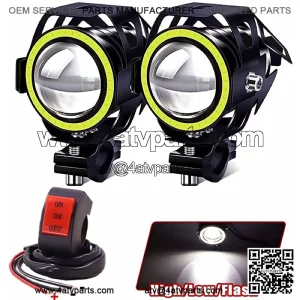 Motorcycle Lights Halo Ring Fog Spotlight Daytime Running Lights, White Hi/Low Beam/Strobe Modes U7 LED Front Headlight DRL Auxiliary Driving Lights With Switch