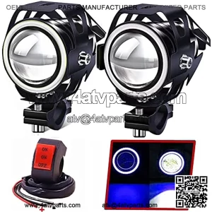 2X Motorcycle Halo Headlights with Switch ,Universal U7 Motorbike Auxiliary Driving Light 12V/24V for ATV UTV Scooter Off Road Trucks White Beam Blue Ring