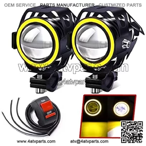 2 faros delanteros con interruptor, universal U7 para motocicleta, 12 V/24 V, para ATV, UTV, scooter, todoter, camiones, haz blanco, anillo amarillo