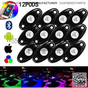 12 pcs LED Rock Lights Bluetooth Multicolor Neon Light Kit for Off Road Truck Car ATV SUV Vehicle Boat Underbody Glow Trail Rig Neon Lights Waterproof (12 pods)