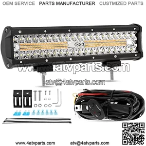 12 Inch LED Light Bar 300W 6 Modes Amber White Strobe Light, Off-Road Driving Light Spot Flood Combo Work Light with 16AWG 10FT Wiring Harness Kit - 1 Lead for Jeep Wrangler Boat Truck SUV ATV