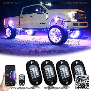RGB LED Rock Lights, 60 LEDs High Brightness Multifunction Neon underglow Kit Waterproof Car Light with APP/RF Control Multicolor Rock Lights for ATV RZR UTV SUV Off Road Car, DC 12V (4 Pods)
