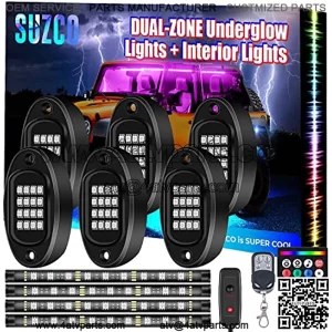 6-Pack Trucks LED Underglow Pod Rock RGB Neon Under Wheel Well Lights Lights Kit, Dual-Zone Interior Light Kit with APP/RF/IR, Sync Music Waterproof 12V for Jeep Offroad ATV UTV SUV
