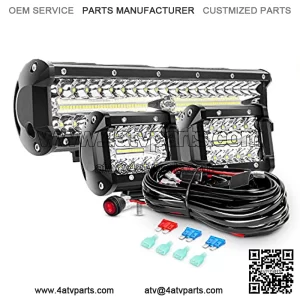 LED Light Bar Set, 12 Inch 300W Triple Row Spot Flood Combo Work Driving Lamp, 2 Pcs 4 inch 60 W Triple Row Flood Spot LED with Wiring Harness for Off road ATV Boat Lighting