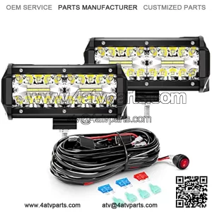 2PCS 6.5 Inch 120W Triple Row LED Pods Flood Light Bar Fog Light Driving Lighting with 16AWG Off Road Wiring Harness-2 Leads for Truck Golf Cart SUV ATV UTV Boat