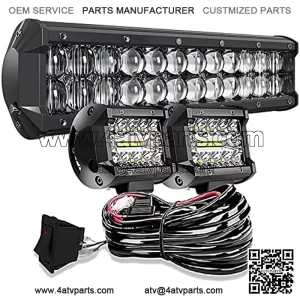 DOT 5D 12INCH 72W LED Light Bar+4Inch 60W LED Cube Pods with Wiring Kit Combo for Driving Lamp Polaris Ranger Honda Pioneer Can Am X3 Maverick Grand Cherokee XJ Dodge UTV ATV 4WD Trucks Boat Defender
