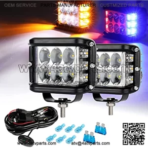 4 Inch Strobe LED Light Pods, Amber White Blue Red Side Shooter, 6 Modes 60W Off Road Light with Memory Function, Emergency Fog Driving Work Light for Truck Boat Jeep SUV with Wiring Harness