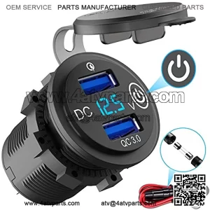 Quick Charge 3.0 12V USB Outlet, 36W Dual USB Car Charger Socket with Power Switch LED Voltmeter, Waterproof Marine Cigarette Lighter Adapter for Car Boat Motorcycle RV ATV etc.