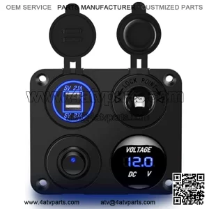 4 in 1 ON/OFF Charger Socket Panel Dual USB Socket Power Outlet & LED Voltmeter &Cigarette Lighter Socket& LED Lighted ON Off Rocker Toggle Switch for Truck Car Marine Boats RV