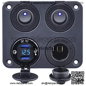 Dual Quick Charge 3.0 USB Charger Socket & Voltmeter + 12V Power Outlet Cigarette Lighter Socket + Dual ON-Off Toggle Switch 4 in 1 Function Panel for Car Marine Boat RV Truck ATV UTV Camper