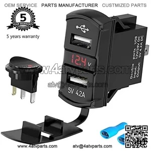 12V/24V USB Charger Socket Rocker Switch Dual USB Car Power Outlet with Red LED Voltmeter Marine Cigarette Lighter Adapter Waterproof 4.2A Fast Charge for Boat Motorcycle ATV RV Truck