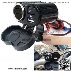 12-24V Motorcycle Car ATV Cigarette Lighter Socket USB Charger Integrated Adapter with Switch & Handlebar Mount Bracket - for Cellphones,GPS,Tablets and Other Devices