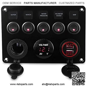 5 Gang ON-Off Marine Ignition Toggle Rocker Switch Panel Waterproof with Digital Voltmeter 4.2A Dual USB Charger Cigarette Lighter Socket for RV Car Boat Vehicles Truck Trailer Yacht (Red)
