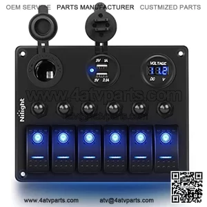 6 Gang 5 Pin ON/Off Toggle Rocker Switch Panel with 12V-24V LED Digital Voltmeter 3.1A Dual USB Charger Cigarette Lighter Socket Overload Protection For RV Truck Boat SUV