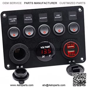 Dual USB Socket Charger 2.1A&2.1A + LED Voltmeter + 12V Power Outlet + 5 Gang ON-Off Toggle Switch Multi-Functions Panel for Car Marine Boat RV Truck Camper Vehicles (Red)