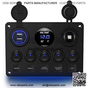 90101E 5Gang Multi-Function 5 Gang Rocker Dual USB Charger + Digital Volmeter +12V Outlet Pre-Wired Switch Panel with Circuit Breakers for RV Car Boat Truck Trailer