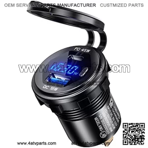 PD Type C 45W USB Socket For Car and QC 3.0 Quick Charger 12V/24V Car Power Outlet Waterproof Socket 63W Dual USB Charger Socket for Motorcycle Marine Boat RV ATV (Dark Blue)