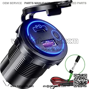 PD Type C & Quick Charge 3.0 Dual USB Charger Socket Waterproof 30W 12V/24V USB Power Outlet with ON/Off Switch and Blue LED DIY Kit for Car Boat Marine Motorcycle RV ATV
