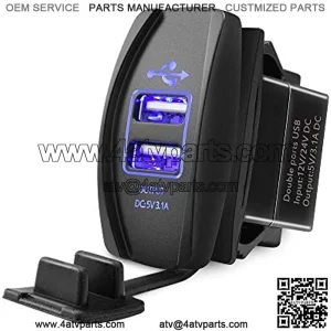 UTV ATV Dual USB Charger Universal Rocker Style Fast Charger Port Compatible with Side by Side, Boats with Blue LED Light for Rocker Switch Panel