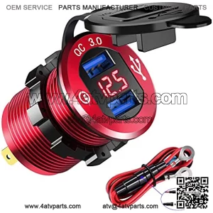 12V USB Outlet Quick Charge 3.0 Dual USB Charger Socket, USB Cigarette Lighter Socket with LED Voltmeter, Waterproof Aluminum Car Charger Adapter DIY Kit for Car Marine Truck Golf Cart RV, etc.