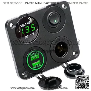 Dual USB Socket Charger 2.1A&2.1A + LED Voltmeter + 12V Power Outlet + ON-Off Toggle Switch Four Functions Panel for Car Boat Marine RV Truck Camper Vehicles GPS Mobiles (Green)