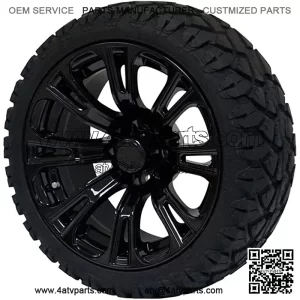 14" Black 'Voodoo' Golf Cart Wheels and 20"x8.5"-14 STINGER On-Road/Off-Road DOT rated All-Terrain tires - Set of 4, includes Black 'SS' center caps and 1/2x20 Black lug nuts