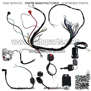 Complete Wiring Harness kit for ATV Quad 4 Four Wheelers 50CC 70CC 110CC 125CC Go Kart Dirt Pit Bikes, with Electrics Stator Coil CDI Wiring Harness Solenoid Relay Spark Plug
