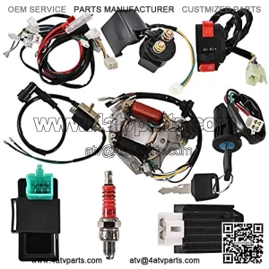 Complete Electrics Stator Coil CDI Wiring Harness Switch lock Ignition Switch Solenoid Relay Spark Plug for 4 Stroke ATV 50cc 70cc 110cc 125cc Pit Quad Dirt Bike Go Kart