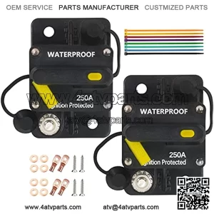 250 Amp Circuit Breaker of 2 Pack with Manual Reset Wire Terminal Copper Washer Screws and Cable Ties for Car Marine Trolling Motors Boat ATV Manual Power Protect 12V-48VDC, Waterproof