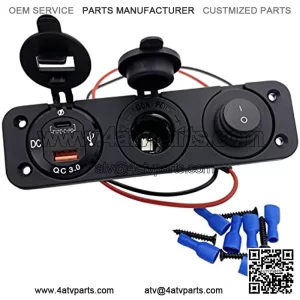 12V Outlet Socket Waterproof Cigarette Lighter Socket Panel with Rocker Toggle Switch, PD Type C 3.0 & QC 3.0 USB Charger Power Outlet for Car, Motorcycle, Boat, Marine, ATV, RV