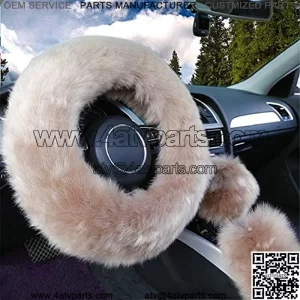 Fashion Fluffy Steering Wheel Covers for Women/Girls/Ladies Australia Pure Wool 15 Inch 1 Set 3 Pcs (Brown)