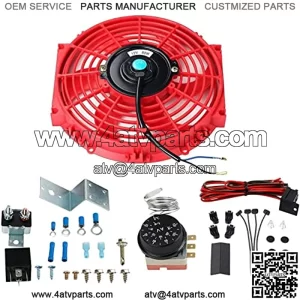 10'' Slim Push Pull Electric Radiator Cool Fan 80W +12V Adjustable Thermostat Control Relay Wire Universal Design for All radiators, Oil Coolers, Transmission Coolers (Red)