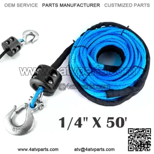 1/4" x 50' Synthetic Winch Rope+5/16" Clevis Hook Stopper For Polaris RZR 1000