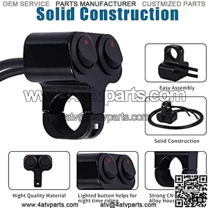 Waterproof Motorcycle ATV 7/8?? Light Bar Switch??Handlebar Double Control Kill Button Switch??Headlight Spotlights Hazard Brake Fog Light ON Off Switches 12v 16A (Black)