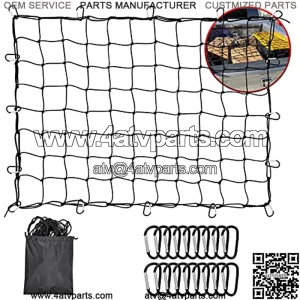 Truck Pickup Bed Cargo net, Roof Rack Cargo Net, 5??X7?? Heavy Duty Bungee Cargo Net Stretches to 10' x 14?? for Trailer Pickups SUVs, with 12 Metal Carabiners, Storage Bag.