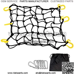 Motorcycle Cargo Net, 15.7" x 15.7" Stretch to 30" x 30" with 2"x2" Mesh, Super Duty Roof Cargo Net with 6 Plastic Hooks and 6 Metal Carabiners for Trailer, SUV, Motorcycle, ATV, Roof, Black