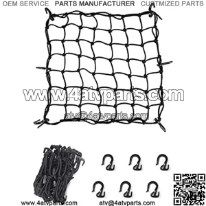Black Cargo Nets, Heavy Duty Latex 17"X17" Bungee Net Stretches to 34"x34", Gear Helmet Luggage Net with Tight 2.3"x2.3" Mesh & 12 Adjustable Plastic Hooks for Motorcycle, Bike, ATV