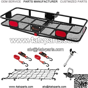 Upgraded 60" x 24" x 6" Hitch Mount Folding Cargo Carrier Fits to 2'' Receiver,550LBS Capacity Cargo Basket with Trailer Hitch Lock,Hitch Stabilizer,Net and Straps